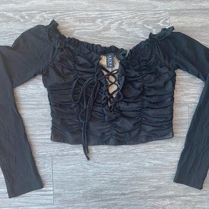 Akira | Ruched Long Sleeve Crop Top | Black | M